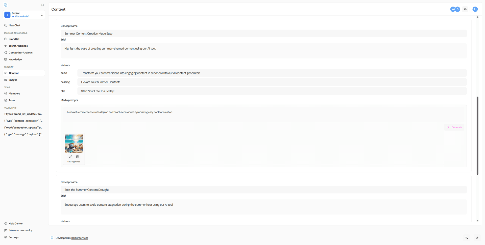 Content: concepts, briefs, variants, media prompts, and content management