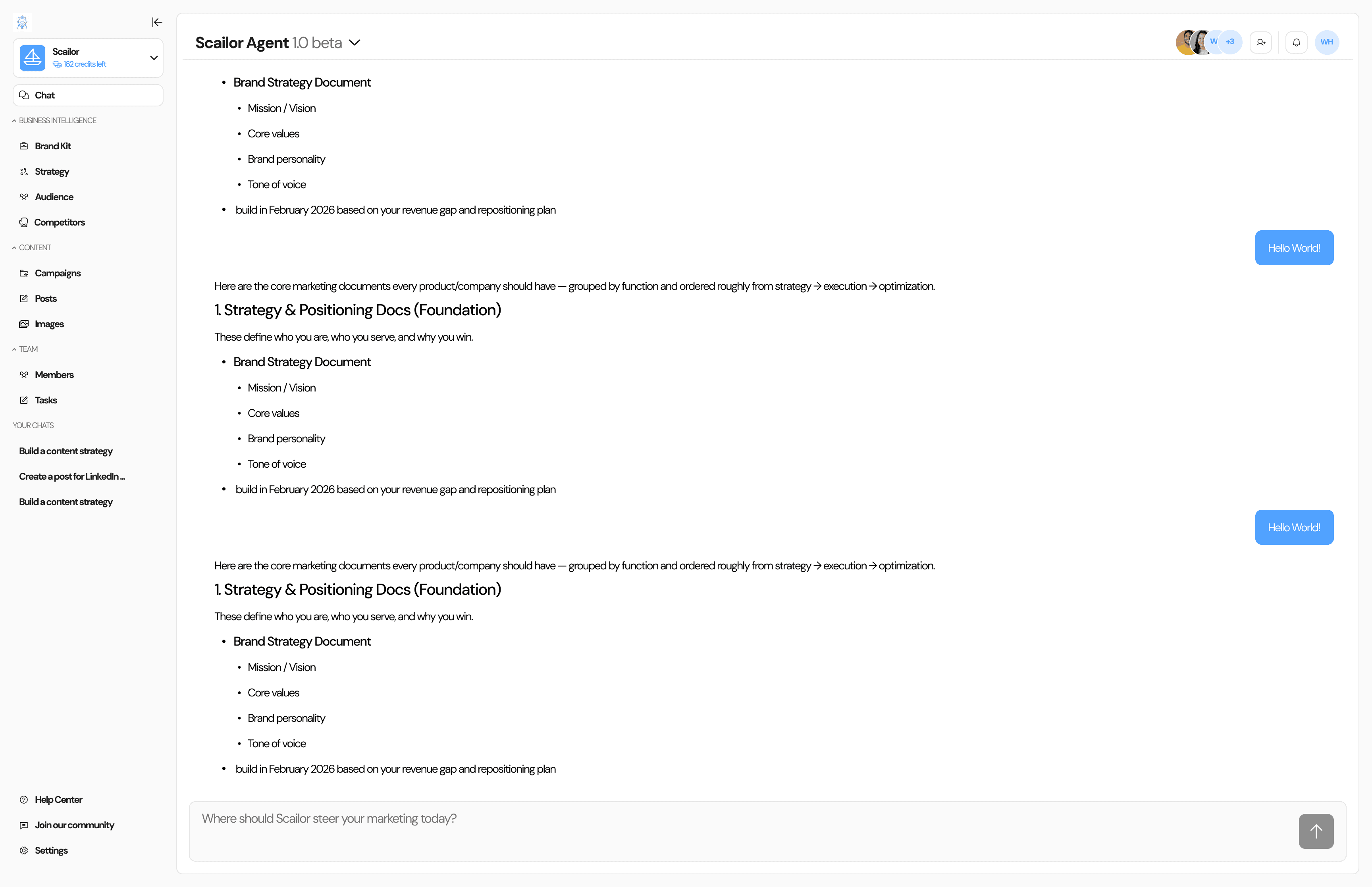 Scailor Agent interface showing brand strategy, content, and team modules with chat and document generation